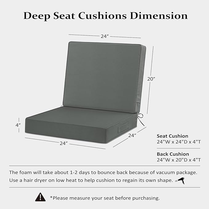 Cozyide 24x24 Outdoor Cushions for Patio Furniture, Waterproof Outdoor Chair Cushions with Non-Slip Ties and Handle, Washable Deep Seat Cushions for Outdoor Furniture with Removable Cover, Dark Gray