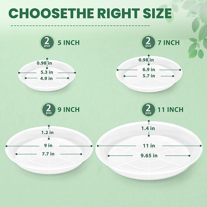 8 Pack 5 7 9 11 Inch Clear Plastic Plant Saucers for Indoors, Durable Plant Trays for Pots and Plant Water Catcher Tray with No Holes, Reusable Plastic Trays for Plants (5 7 9 11''-8Pack)