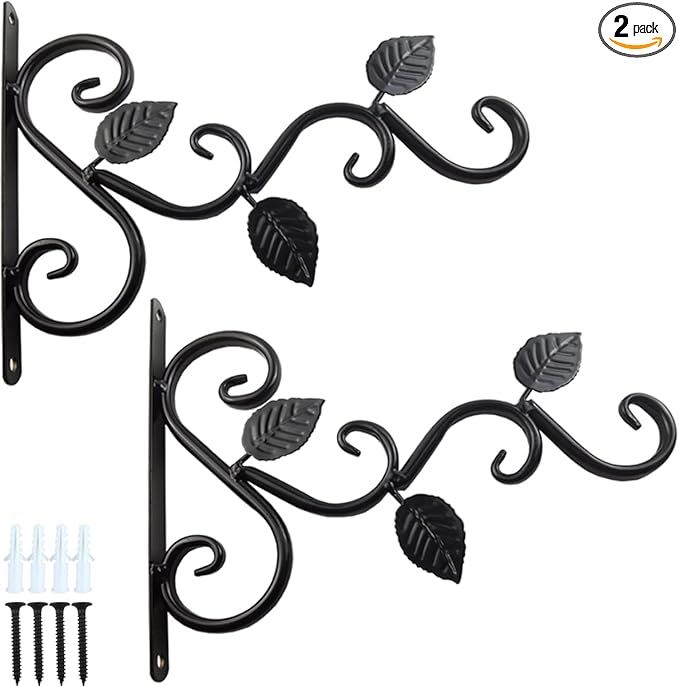 TIHOOD 2PCS Wall Hook Hanging Plant Brackets, Metal Plant Bracket Iron Wall Mount Leaf Black Hangers for Hanging Bird Feeders, Lanterns, Wind Chimes, Planters, Outdoor Decoration Hooks