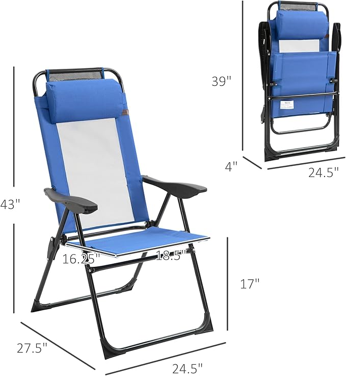 Outsunny Folding Patio Dining Chairs Set of 2, Outdoor Deck Chair with Removable Headrest, Camping Chair with Adjustable Sling Back for Garden, Backyard, Lawn, Blue