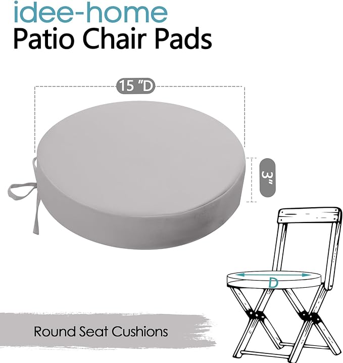 idee-home Outdoor Bistro Chair Cushions, 15”x15”x 3” Thick Outdoor Round Seat Cushions Set of 2 with Ties, Waterproof Round Patio Furniture for Garden