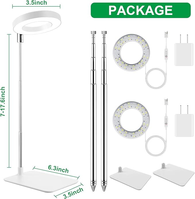 Dual-Use Ring Grow Light for Plants, Full Spectrum LED Plant Light with 4/8/12/18H Auto Timer, 5-Level Dimmable, Adjustable Height 7-17.6 Inches for Indoor Plants, Succulents, Greenhouse 2 Pack