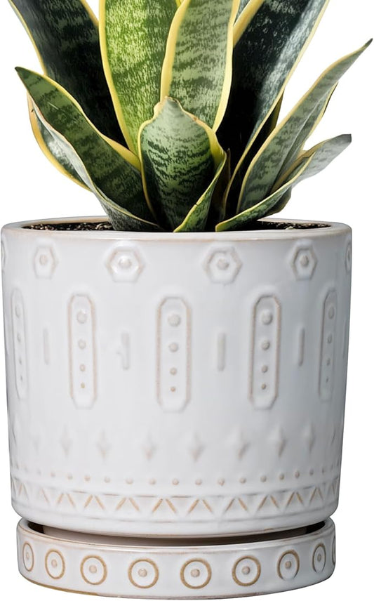 Pot for Plants 6 Inch - Ceramic Planter for Indoor Plants Decorative Plant Pot with Drainage Holes and Saucer Outdoor Flower Pot Modern Succulent Pots for Office Desk Decor White