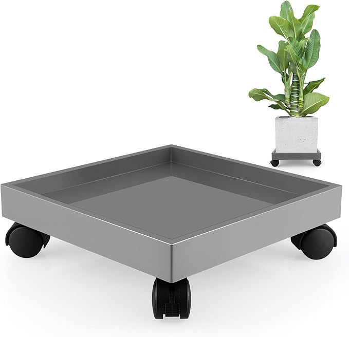 Plant Caddy with Wheels, 11" Square Plant Pallet, Plant Pot Trolley (Grey)