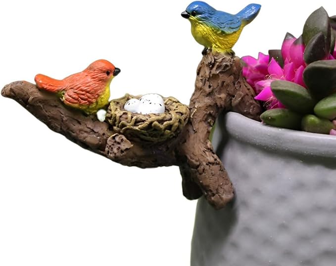 Birds Perched on Branches Flower Pot Hugger Figurines Mini Resin Birds Fish Tank Hanging Decoration Aquarium Ornament for Bonsai Planter Terrarium Garden Decor (Bird)