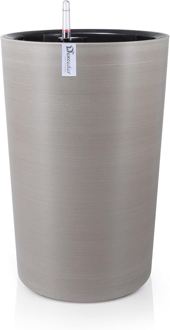 Dexceder 16x12 Tall Self Watering Planter High Cylinder Indoor Outdoor, Thickened Large Floor Standing Flower Plant Pot with Water Level Indicator (Coffee, Wire Drawing)