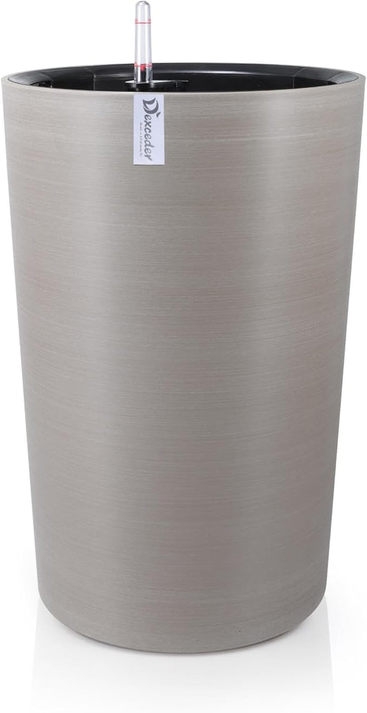Dexceder 16x12 Tall Self Watering Planter High Cylinder Indoor Outdoor, Thickened Large Floor Standing Flower Plant Pot with Water Level Indicator (Coffee, Wire Drawing)