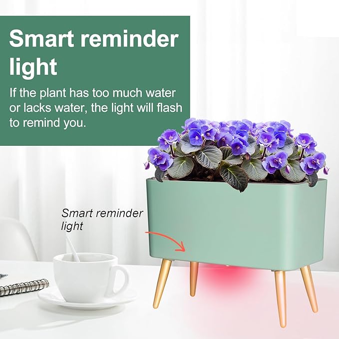 13.5 Inch Planter Pot with Metal Craft Legs, Self Watering Planter Pots with Water Shortage Alarm Plant Pot for Indoor Outdoor Decorative Succulents Herb (B- Green)