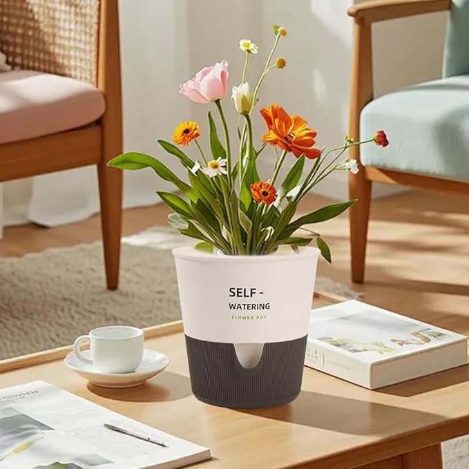 5/6.5/7.5 Inch Self Watering Pots for Indoor/Outdoor ,2 Pack plastic Planters for Indoor Plants with Drainage Holes and Saucers, Modern Decorative Flower Pot for Plants (White, 5 inch)