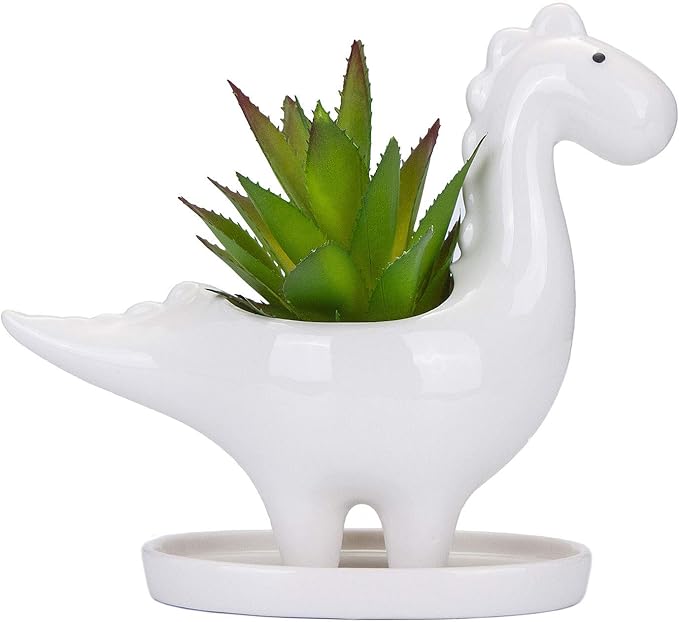 VanEnjoy Desktop Cute Cartoon Herbivorous Dinosaur White Ceramic Succulent Pot with Tray, Bonsai Cactus Flower Pot Vase Holder Decorative Organizer