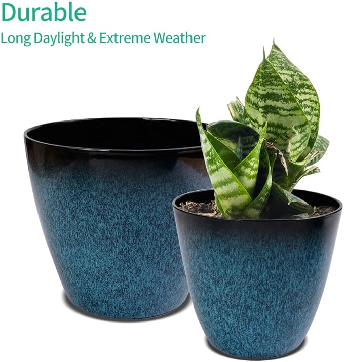 2 Pack Plant Pots Durable Decorative Flower Pots,8 Inch Planter with Drainage Hole + 6 Inch Planter Set for Indoor and Outdoor Plants,Flowers,Succulents - Blue