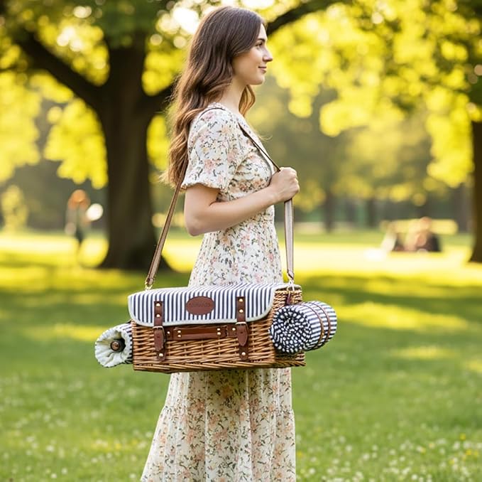 Multifunctional Wicker Picnic Basket Set for 2 with Blanket and Picnic Table, Insulated Picnic Set with Full Tablewares for Camping Outdoor Couples, Stripes
