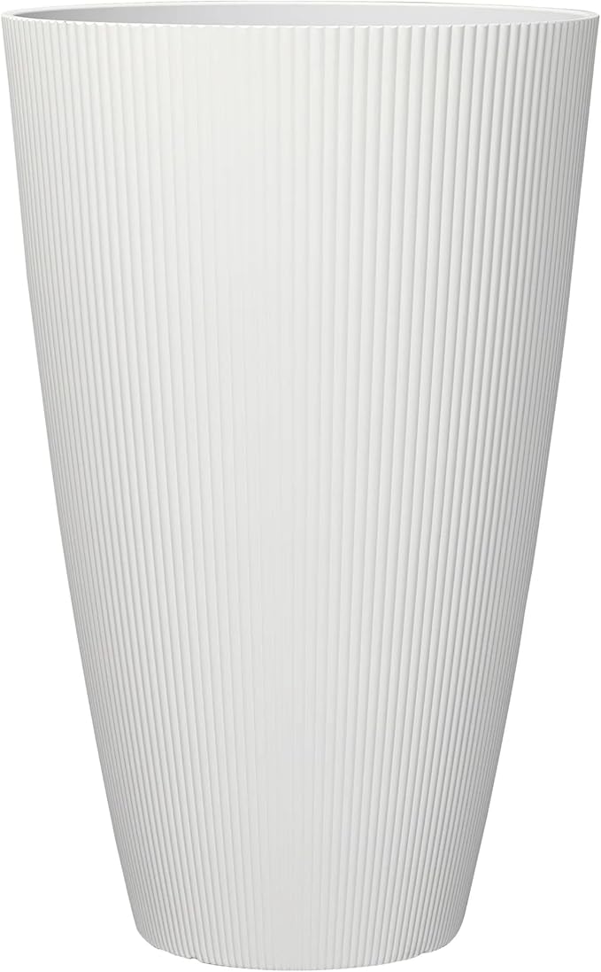 Tall Resin Planter, 22.1" Floor-Standing Pot for Large Indoor & Outdoor Plants, Cream Ribbed