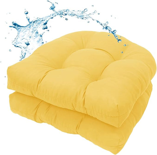 MTMR Outdoor Chair Cushions Set of 2, 19x19 Waterproof Wicker Seat Cushions for Patio Furniture, Tufted Outdoor Replacement Furniture Pad for Porch Lawn Wicker Desk Dining Rocking Chair, Yellow