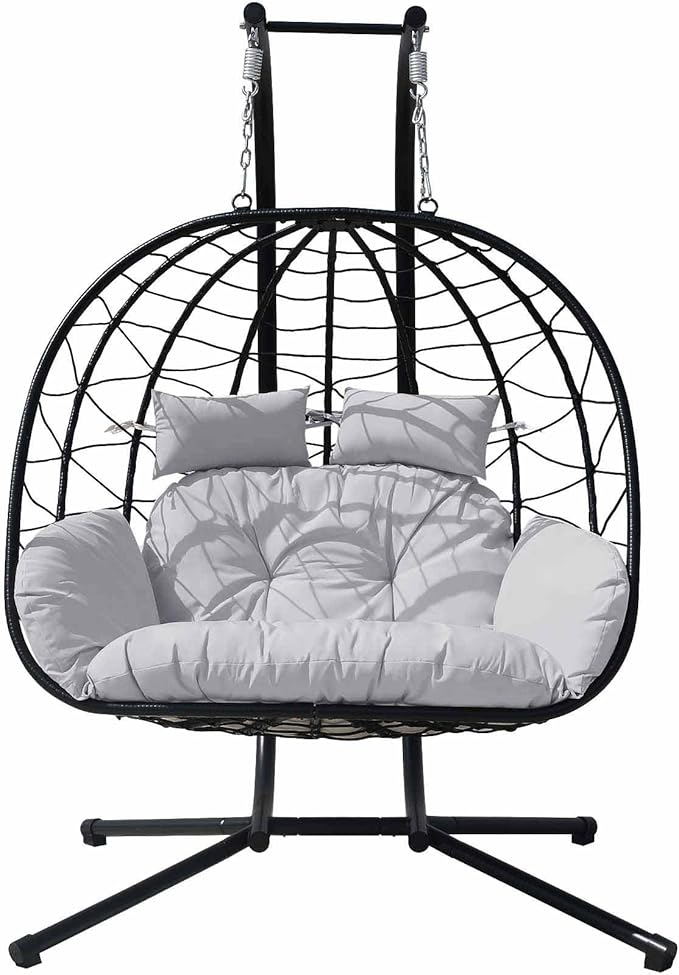 Hanging Egg Chair with Stand Indoor Swinging Chair Outdoor Hammock Egg Chair for Patio, Bedroom, Garden and Balcony (Gray+Black, Large)