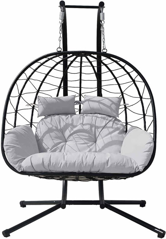 Hanging Egg Chair with Stand Indoor Swinging Chair Outdoor Hammock Egg Chair for Patio, Bedroom, Garden and Balcony (Gray+Black, Large)
