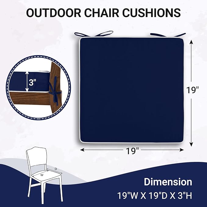 downluxe Waterproof Outdoor Chair Cushions Set of 2, 19" x 19" x 3" Patio Chair Cushion with Non-Slip Ties & Handle, Square Outdoor Cushion for Patio Furniture with Removable Cover, Navy/White
