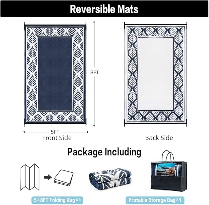 HUGEAR Outdoor Plastic Straw Rug, Waterproof Mat, Washable Large Floor Mat and Rug for Outdoors, RV, Beach, Patio, Camping, Backyard, Deck, Picnic, Outside (5x8ft,Olive-Leaf/Dark Blue&White)