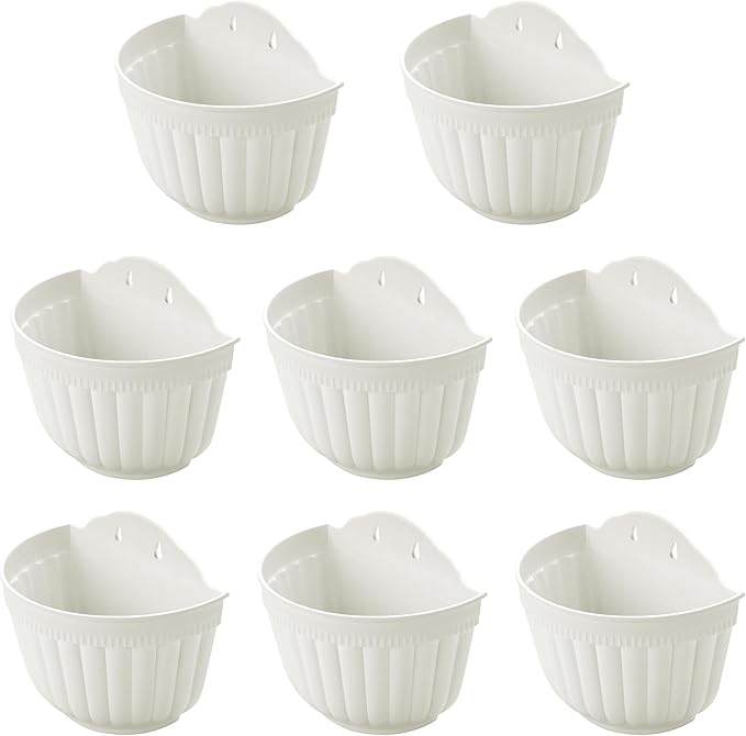 ORIMERC 8 Pack White Wall Hanging Planters Pots for Indoor Plants Wall Plants Holder with Drainage Hole Balcony Planters Railing Hanging Pot Fence Vertical Living Mount Outdoor with Hooks/Screws