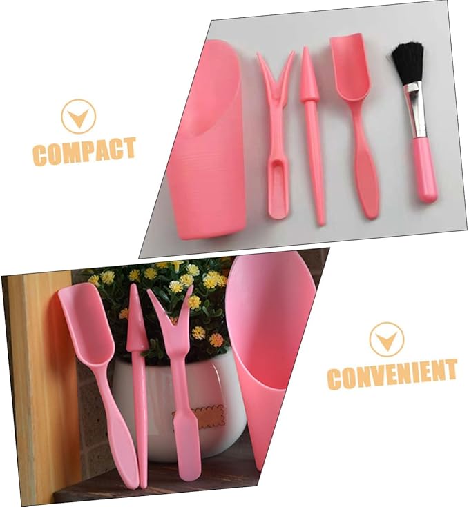 Succulent Planting Gardening Hand Tool Set with Transplanting Spade, Soil Scoop, Cleaning Brush, and Cultivator for Bonsai and Flowerpot Care, Pink Gardening Accessories Kit