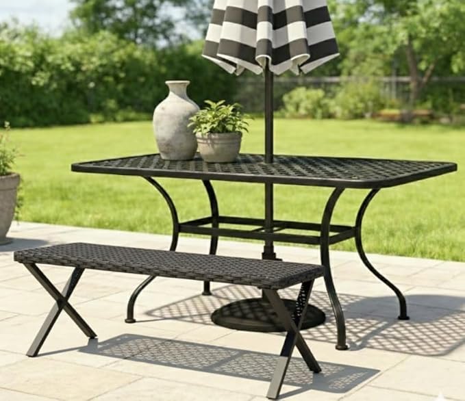 Outdoor Rattan Backless Bench Weatherproof Patio Bench with Seat and X-Shaped Legs, All-Weather Garden Bench for Porch, Patio, Lawn and Backyard, Black