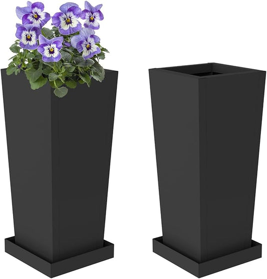 Tall Planters 20" H - 2 Pack, Tapered Pots with Drainage Insert Shelve & Trays, Metal Outdoor Planter Box for Porch, Garden, Patio, Yard (Black)