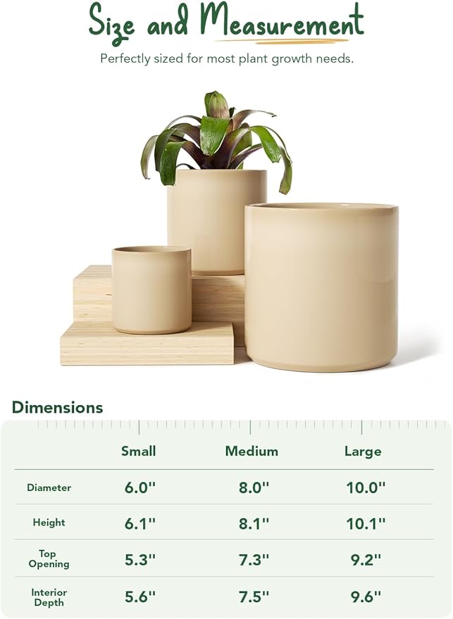 LE TAUCI Ceramic Pots for Plants, 10/8/6 Inch Indoor Planters with Draiange Hole, Silicone Plug & Mesh Pad, Modern Minimalist Pots for Home Office, Set of 3, Glossy, Sand Beige
