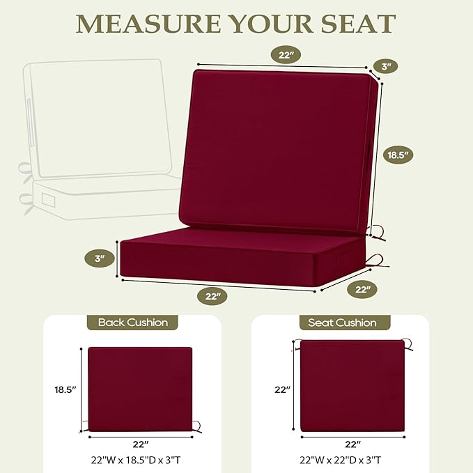 Wellsin Outdoor Cushions for Patio Furniture, Waterproof Outdoor Seat Cushions with Ties and Handle, 22X22 Outdoor Cushions, Outdoor Deep Seat Cushions with Removable Cover, Burgundy