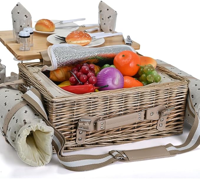 Multifunctional Wicker Picnic Basket Set for 2 with Blanket and Picnic Table, Insulated Picnic Set with Full Tablewares for Camping Outdoor Couples,Cherry