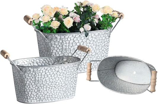 Galvanized Metal Oval Planter Buckets with Handles – Set of 3 Rustic Farmhouse Flower Tubs with Drain Holes & Plugs, Vintage Small Pots for Herbs, Succulents, Wedding or Tabletop Decor (Stone style)