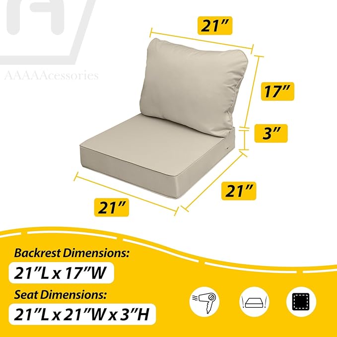 AAAAAcessories Outdoor Seat Cushions for Chairs, Fade-Resistant, Waterproof Patio Furniture Replacement Cushions, 21" x 21" x 3" + 21" x 17", Set of 4, Beige