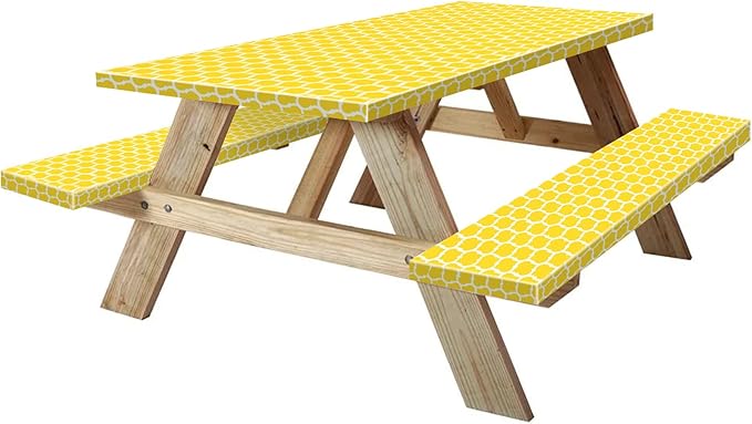KENOBEE 8ft Picnic Table and Bench Cover, Camping Essentials RV Gear, 96 in Waterproof Windproof Outdoor Elastic All Around Tablecloth, Fitted Rectangle Tables and Seats, Yellow-White Moroccan