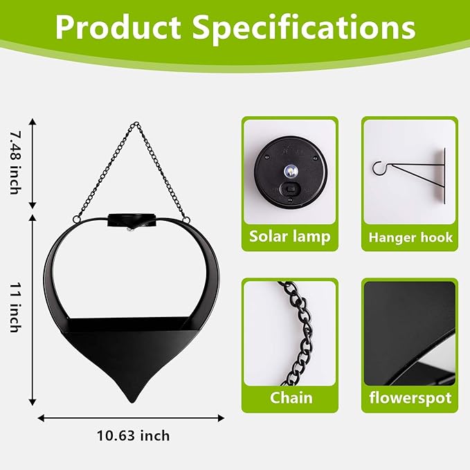 Hanging Planter with Auto-On/Off Solar Lights, Metal Heart Shaped Flower Pot for Home Garden, Patio, Porch, Balcony, Outdoor Decro, Unique Birthday Gifts for Women, Mom, Wife, Gardeners (Black)