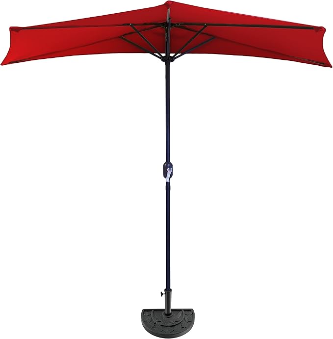 9-Ft Half Patio Umbrella Easy Crank Semicircle Balcony Shade with 20lb Weighted Base for Deck, Porch, or Against a Wall by Pure Garden (Red)