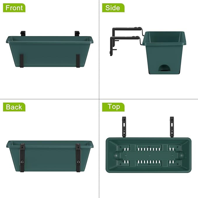 ETELI 6 Pack Deck Railing Planter Boxes with Adjustable Metal Hanging Brackets, Indoor Outdoor Hanging Window Boxes Planters with Drainage Tray for Patio, Lawn, Green & Black