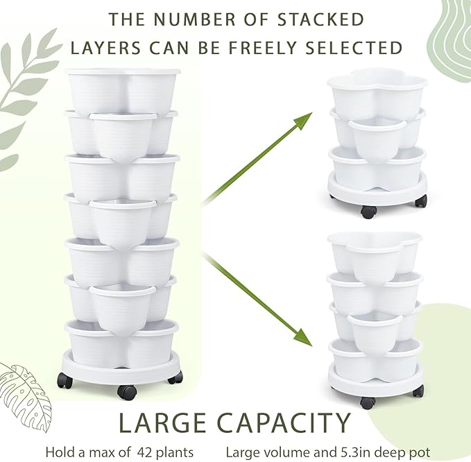 Umigy 2 Set of 7 Tier Stackable Vertical Planters with Removable Wheels and Tools Tower Planters Strawberry Herb Flower Vegetable Pots Indoor Outdoor Gardening Pots(White)
