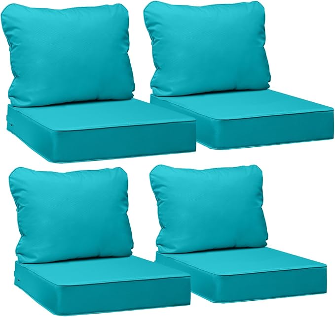 AAAAAcessories Outdoor Deep Seat Cushions, Waterproof, Fade-Resistant Patio Furniture Replacement Cushions, 23.5" x 25.5" x 5" + 23.5" x 19", Set of 4, Turquoise Blue