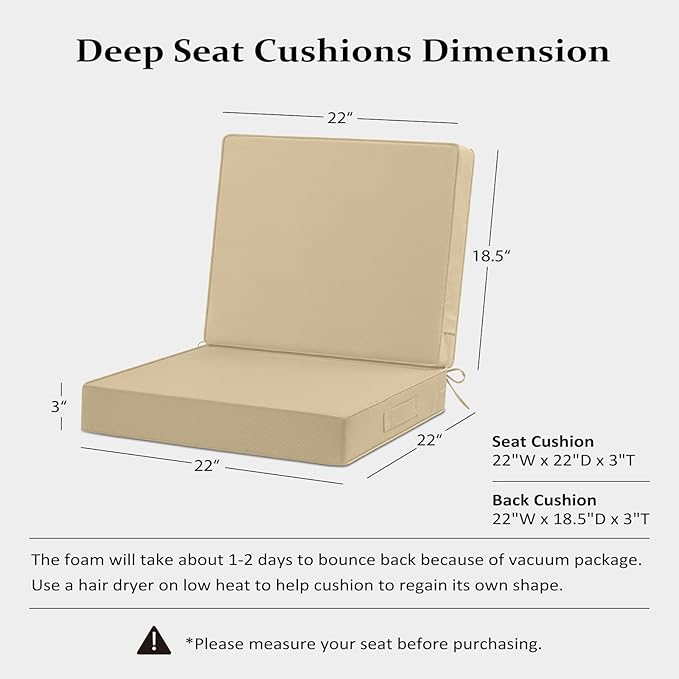22x22 Outdoor Cushions for Patio Furniture, Waterproof Outdoor Chair Cushions with Non-Slip Ties and Handle, Washable Deep Seat Cushions for Outdoor Furniture with Removable Cover, Khaki
