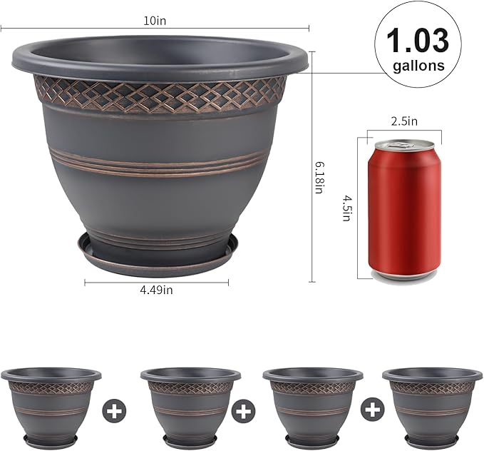 10 Inch 4 Pack Plant Pots, Plastic Flower Pot for Indoor & Outdoor with Drainage Holes & Saucer, Plaid Pattern Planters Garden Pots for Herbs