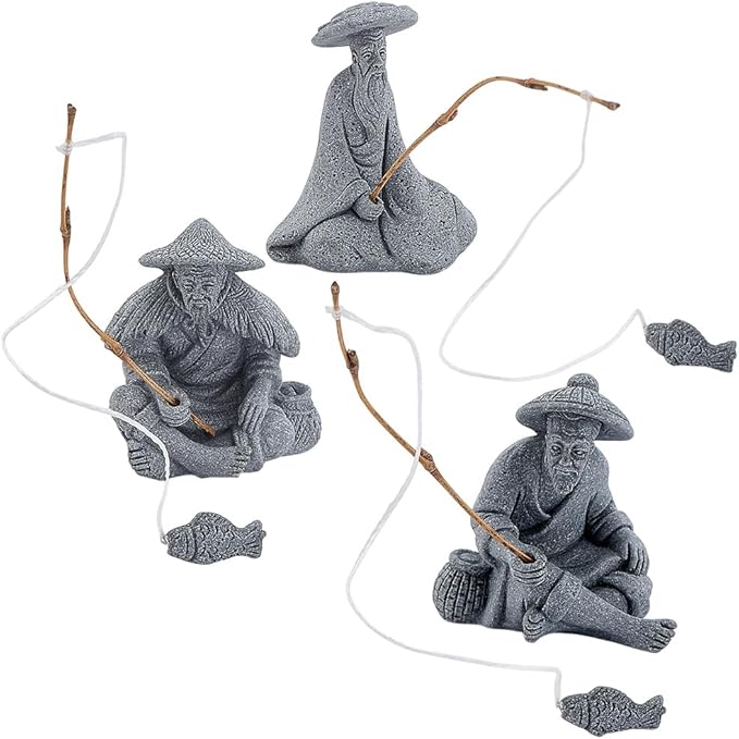 WEBEEDY 3 Styles Mini Fisherman Figurine Old Man Statues Zen Decoration,Chinese Sitting Fishing Sandstone Vintage Ornament for Aquarium Fish Tank Fairy Zen Garden Micro Landscape Flower Pot Decor