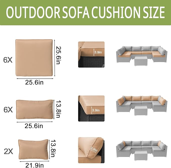 14Piece Outdoor Sofa Cushion Replacement, Patio Furniture Waterproof Cushion with Zippers, fit 6-Seat Outdoor Wicker Rattan Sectional Couch (Beige, 25.6"x25.6"x3.9")