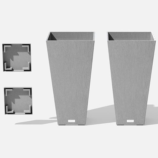 Veradek V-Resin Indoor/Outdoor Taper Planter (Gray, 30 inch - 2 Pack with 2 Saucer Trays)