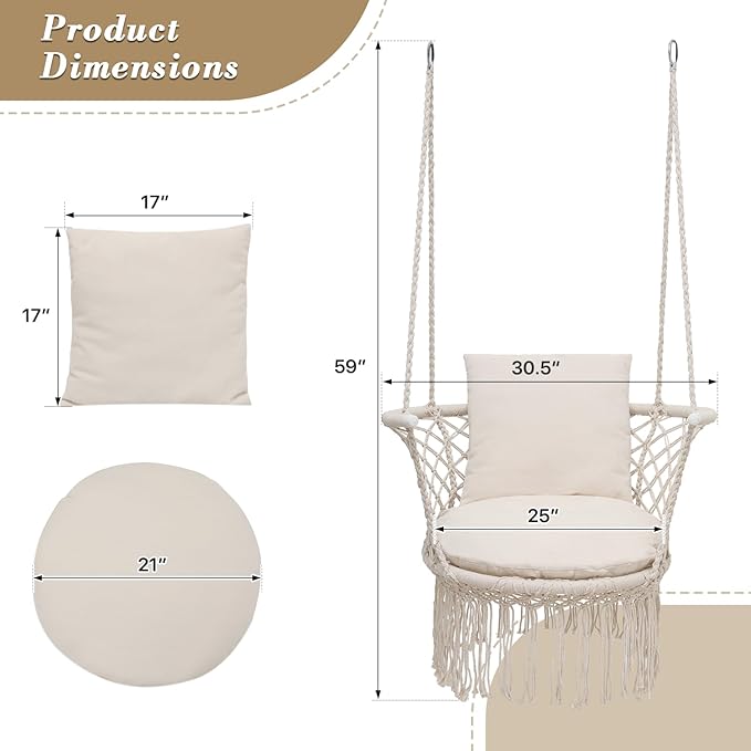 Athena Collection Hammock Swing Chair with Cushion, Outdoor Macrame Chair with Mounting Hardware, Max 350 Lbs, Large Cotton Rope Hanging Chair for Outdoor Indoor Porch Garden, Beige