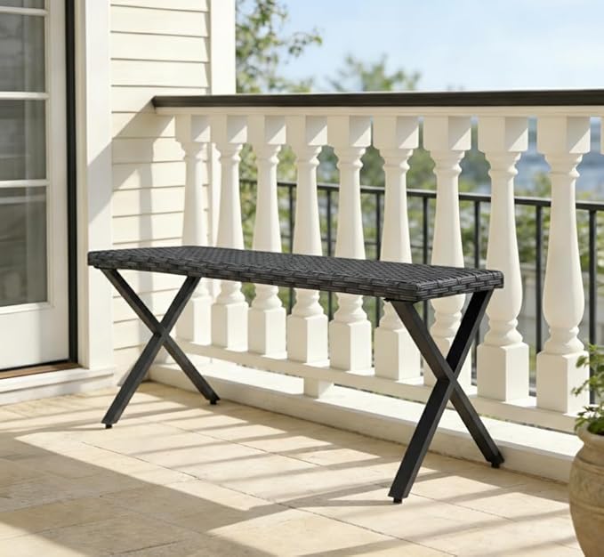 Outdoor Rattan Backless Bench Weatherproof Patio Bench with Seat and X-Shaped Legs, All-Weather Garden Bench for Porch, Patio, Lawn and Backyard, Black