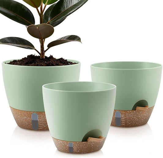 Self-Watering Plant Pots with Water Level Indicator, Drainage Holes & Saucers – 12/10/9 Inch Large Plastic Planter Set for Indoor & Outdoor Plants (Green)