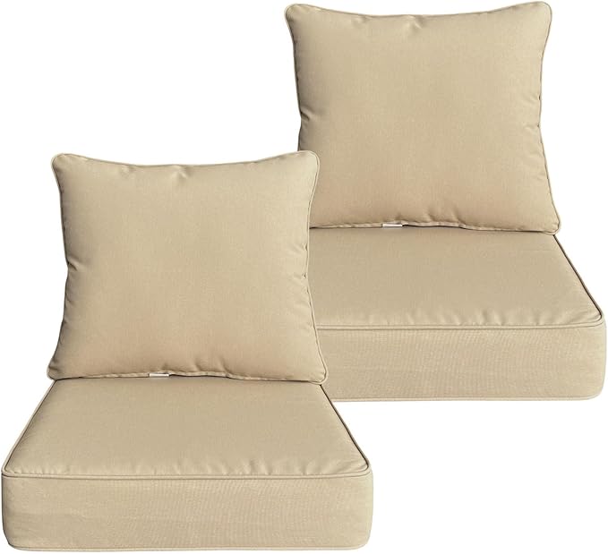 24x24 Inch Outdoor Deep Seat Cushions Set of 2,Thick High-Density Foam, Piped Edges & YKK Hidden Zipper,Water-Resistant UV-Resistant Polyester for Patio Furniture,Beige