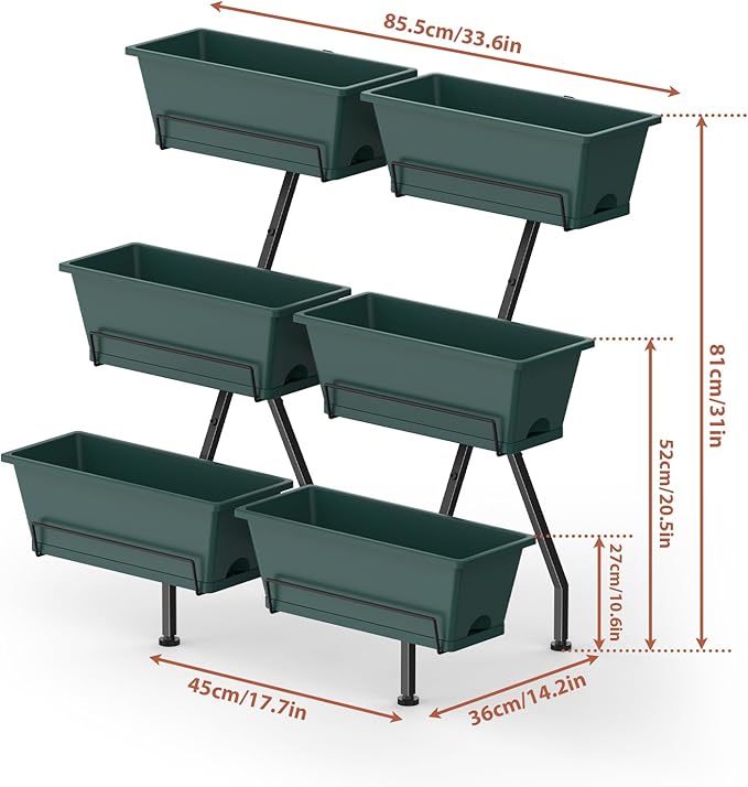 Vertical Raised Garden Bed 3 Tier Vertical Garden Planter with 6 Container Boxes Indoor Outdoor Standing Herb Planter with Drainage Holes Removable Tray for Small Space Patio Balcony Porch, Green