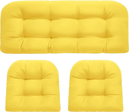 Wicker Chair Cushions, Waterproof Outdoor Loveseat Cushions for Patio Furniture, Tufted Wicker Furniture Cushions, 1 Loveseat and 2 U-Shaped Cushions, Yellow