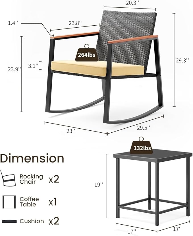 Bealife 3 Piece Patio Set with Cooling Wooden Armrests, Outdoor Rocking Chairs Set of 2 with Glass Table and Cushions, Wicker Patio Bistro Set for Garden, Yard, Balcony, Porch (Beige)