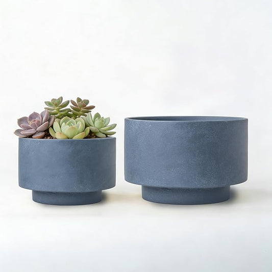 Succulent Pots, 8 Inch + 6 Inch Plant Pots for Plants with Drainage Hole, Indoor Outdoor Ceramic Planter, Set of 2 Round Flower Pots for Succulent and Plants, Blue